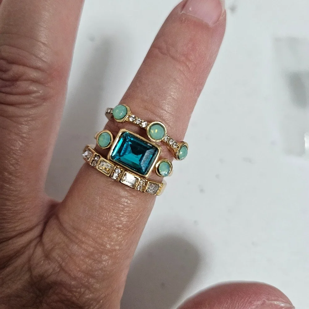 Bohemian Gold Teal Mint Stackable Crystal Baguette Statement Ring Set Womens‎ 8
